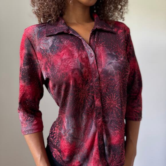 Vintage Pimkie Red Galaxy Satin Blouse (S/M) - Picture 6 of 9